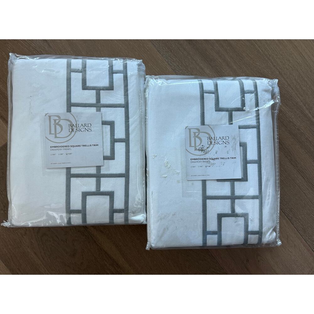 New Ballard Design Embroidered Square Trellis Panels Set of 2 Gray 50" x 108"